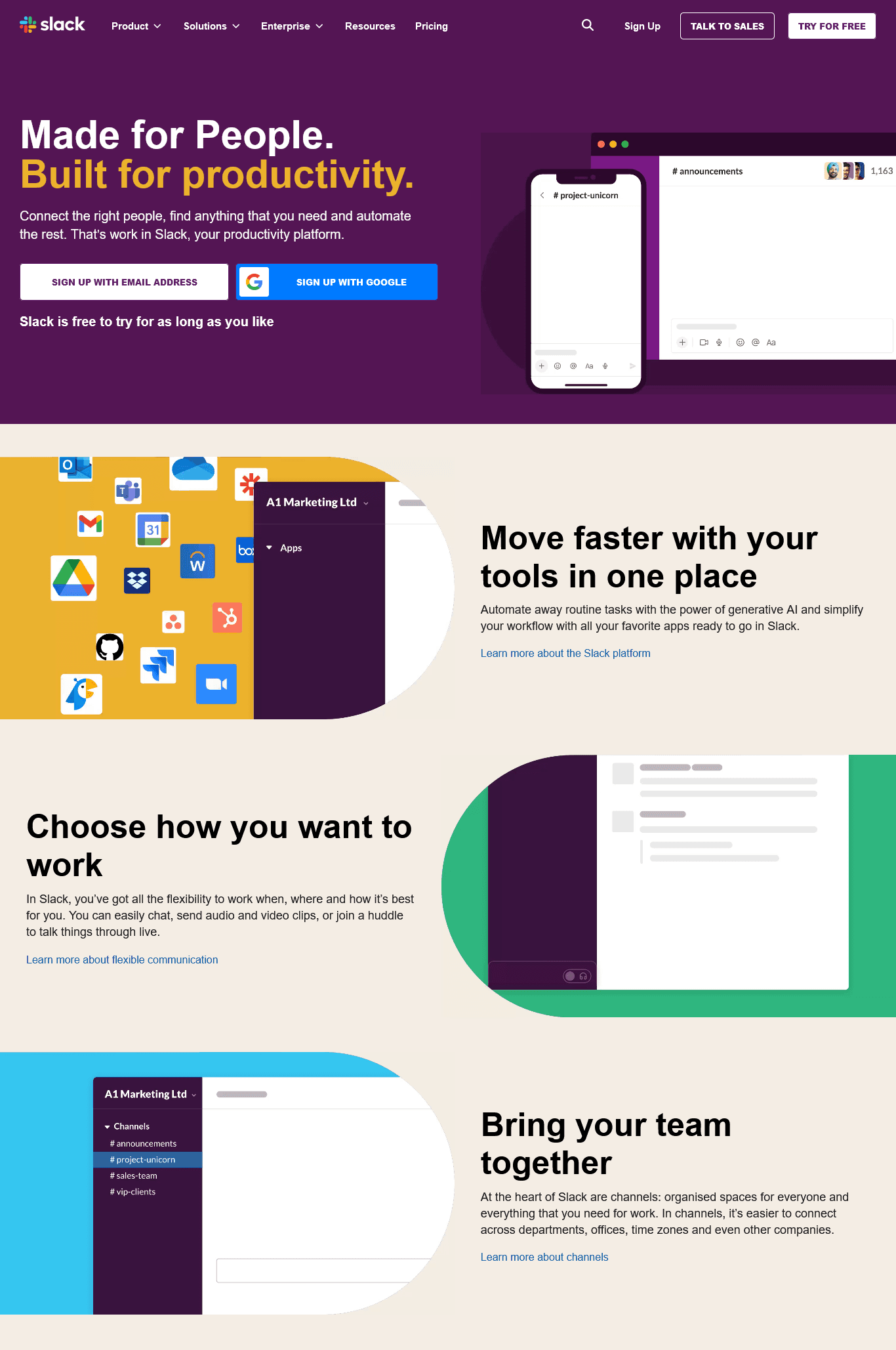 Slack Landing page